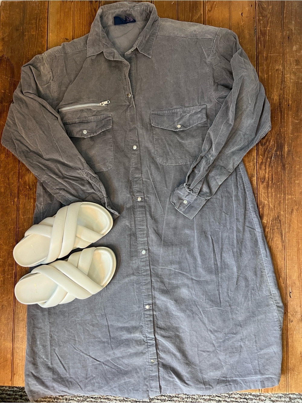Vintage 80s Corduroy shirt Dress Gray Button-Front size large save me
